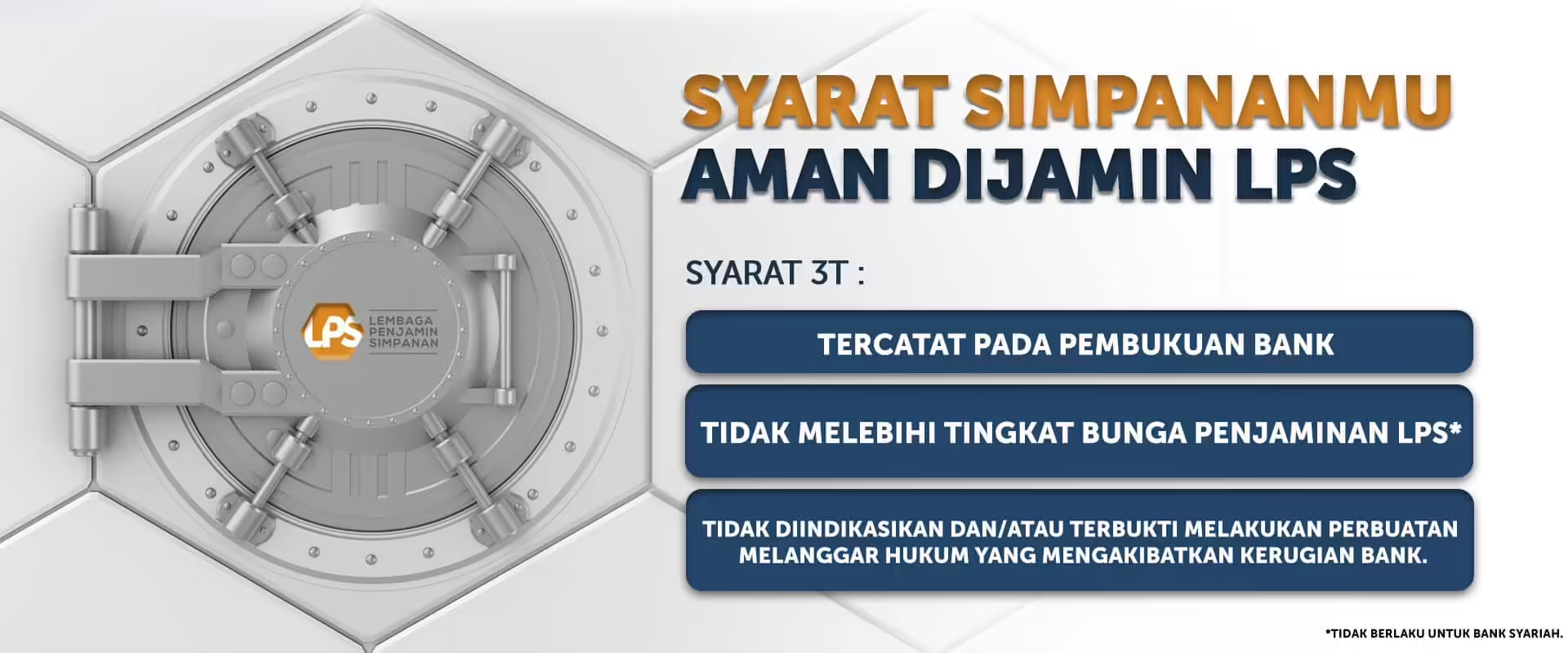 Infografis Syarat Simpananmu Aman Dijamin LPS - Syarat 3T: Tercatat, Tidak Melebihi Tingkat Bunga, Tidak Terbukti Melanggar Hukum